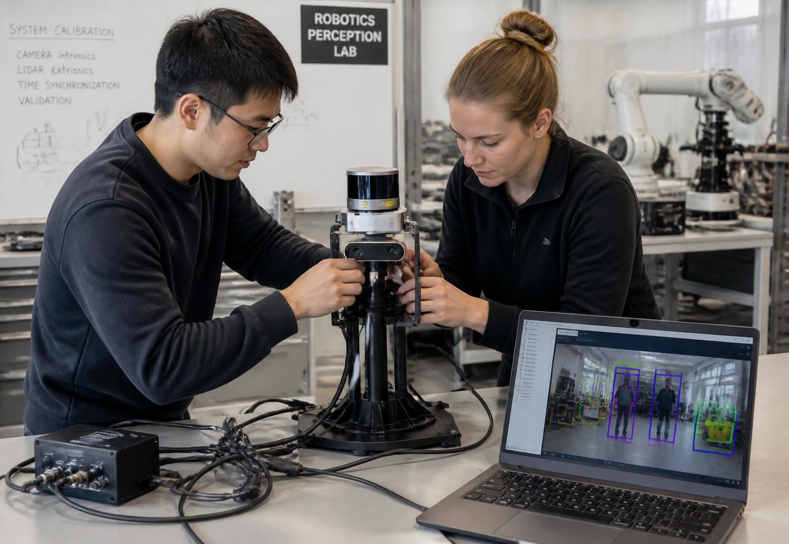 Engineers calibrating a camera and LiDAR sensor module in a robotics lab