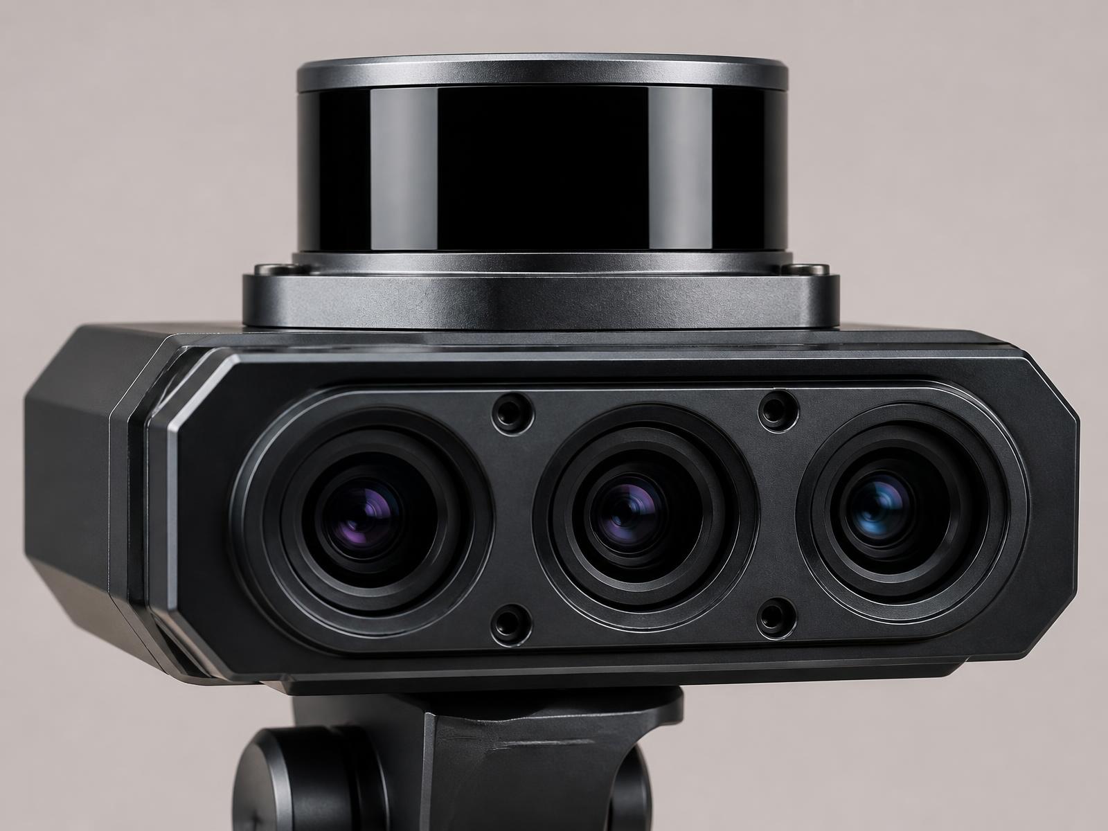 Close-up of a multi-camera sensor module with a LiDAR unit mounted on top