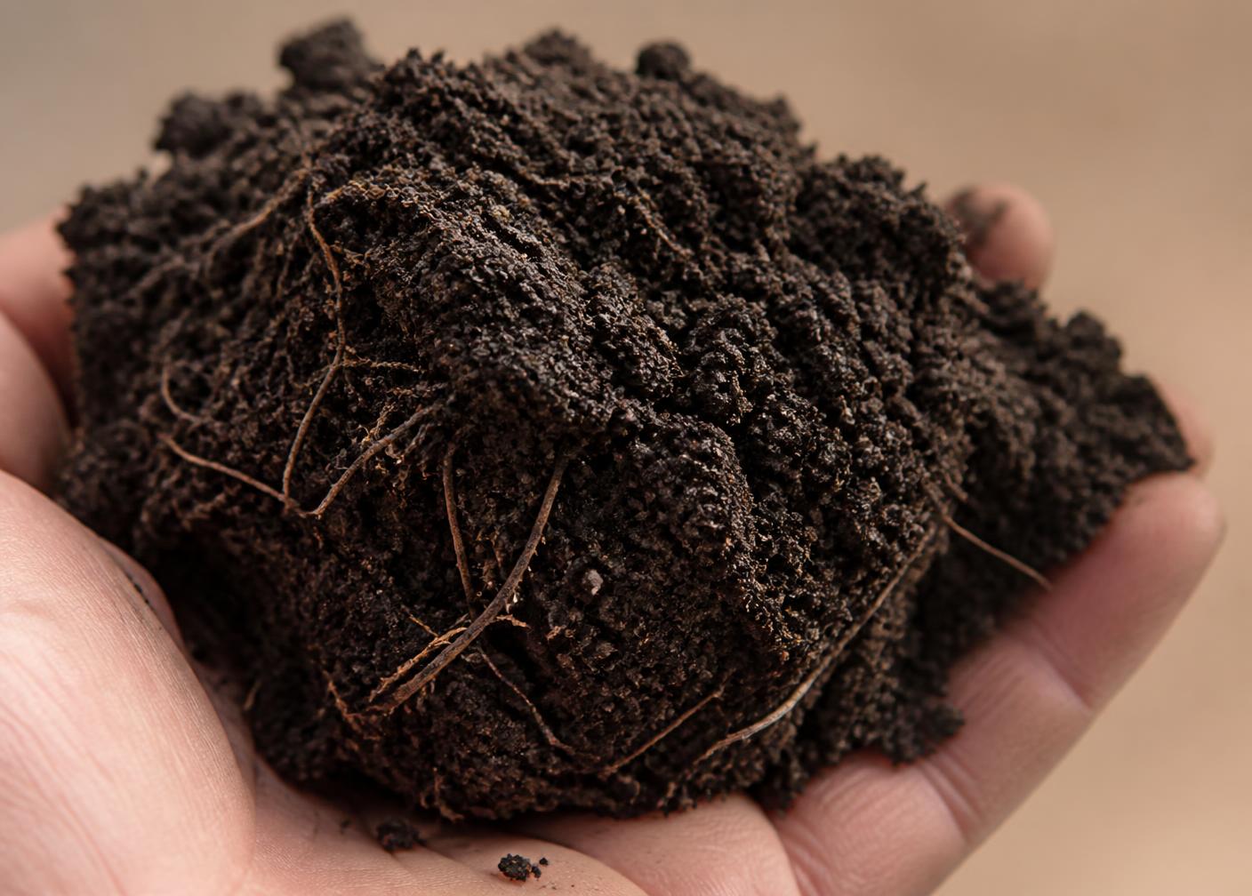 A hand holding a clump of healthy dark soil with fine roots